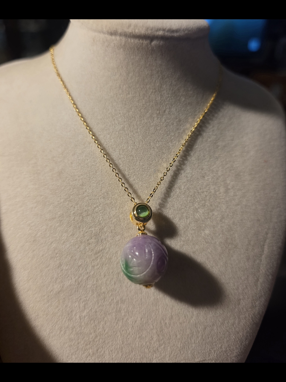 Gold Chain Necklace with Purple & Green Carved Jade Pendant